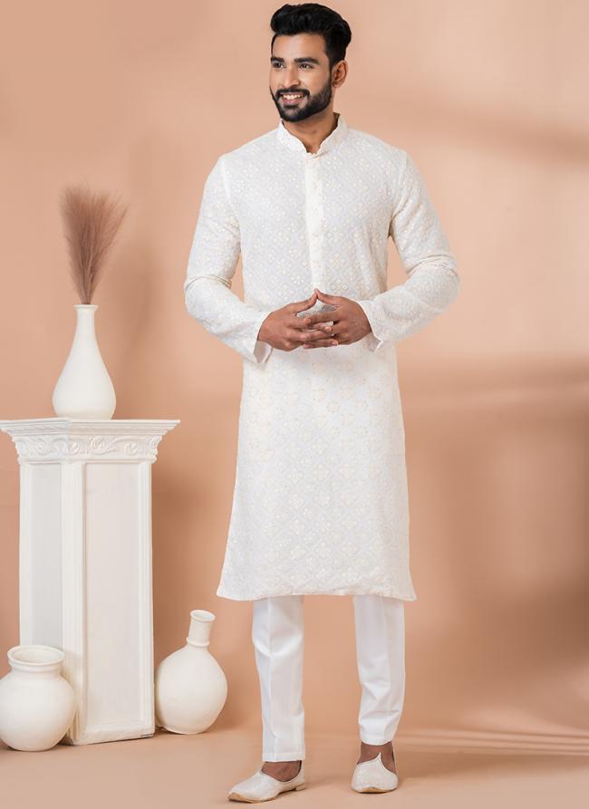 Georgette White Festival Wear Sequins Work Readymade Kurta Pajama